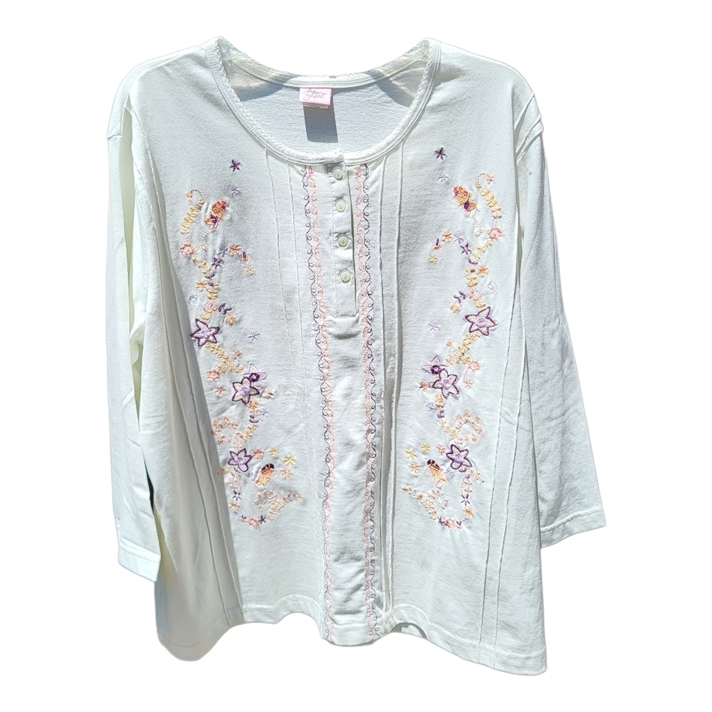 Adrian Delafield Pale Green Boho 3/4 Sleeve Embroidered Blouse - Size XL
